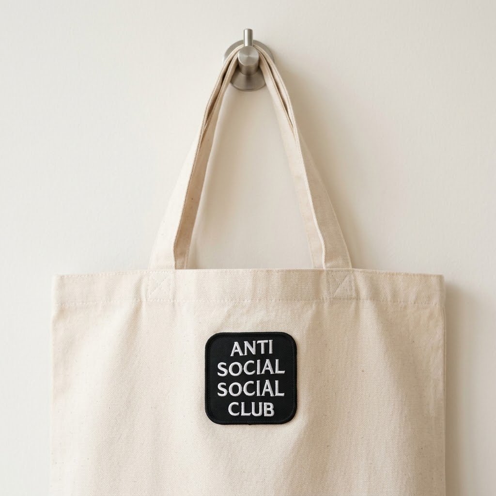 Patch “Anti Social” su una borsa tote in tela naturale appesa a un gancio