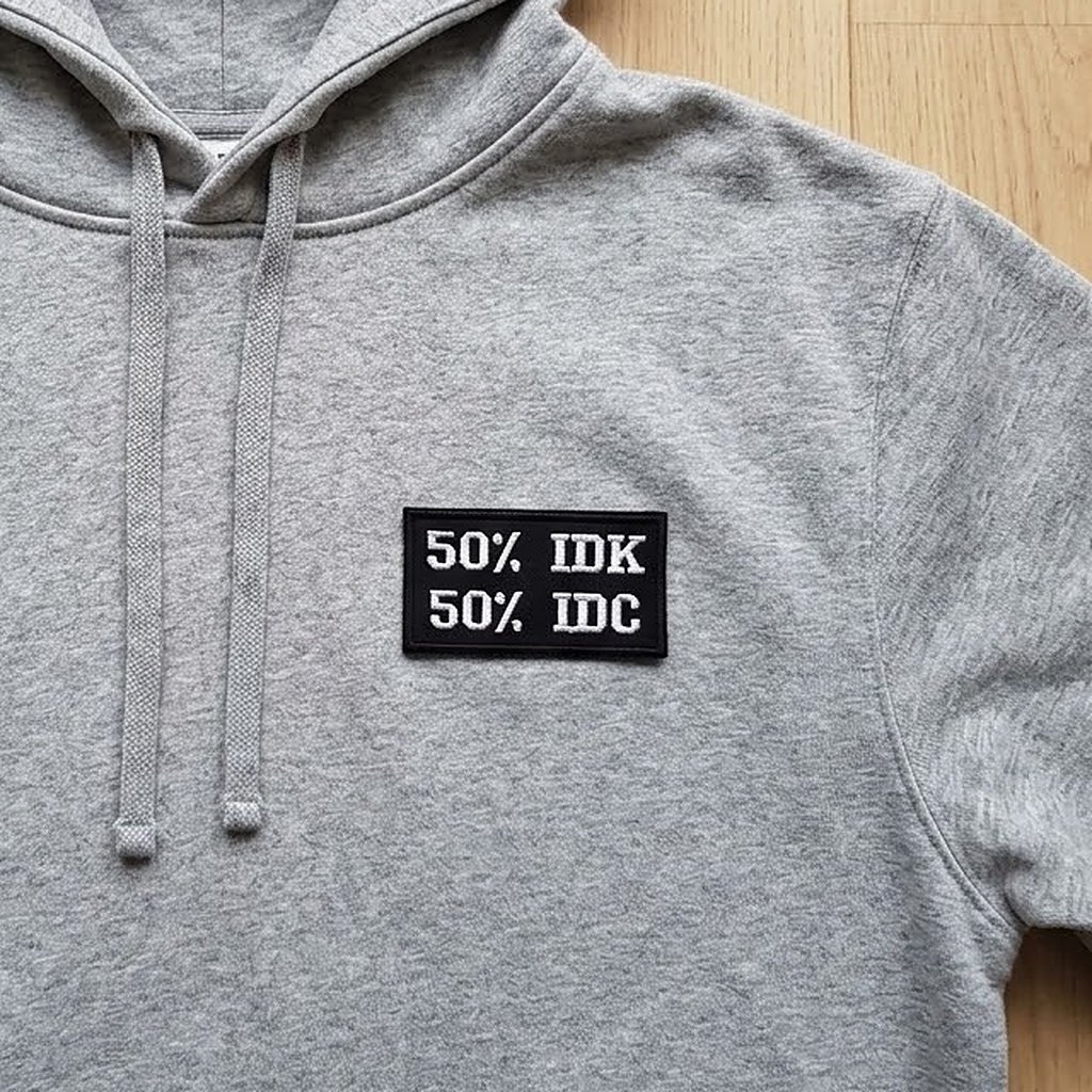 50% IDK 50% IDC-patch på en grå hættetrøje med lynlås