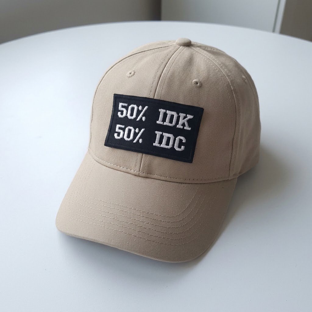 50% IDK 50% IDC-mærke på forsiden af en beige baseballkasket