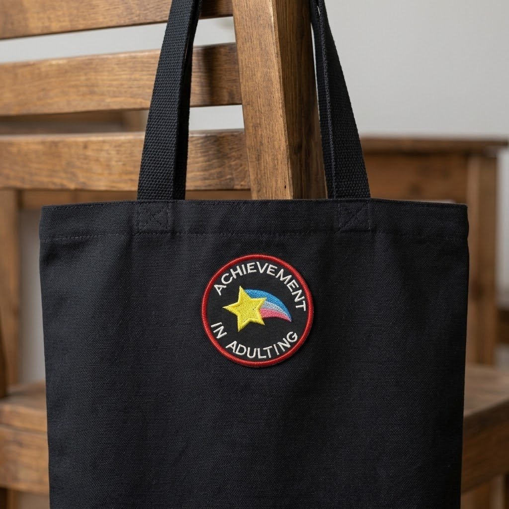 Tessera “Achievement in Adulting” su una borsa tote nera