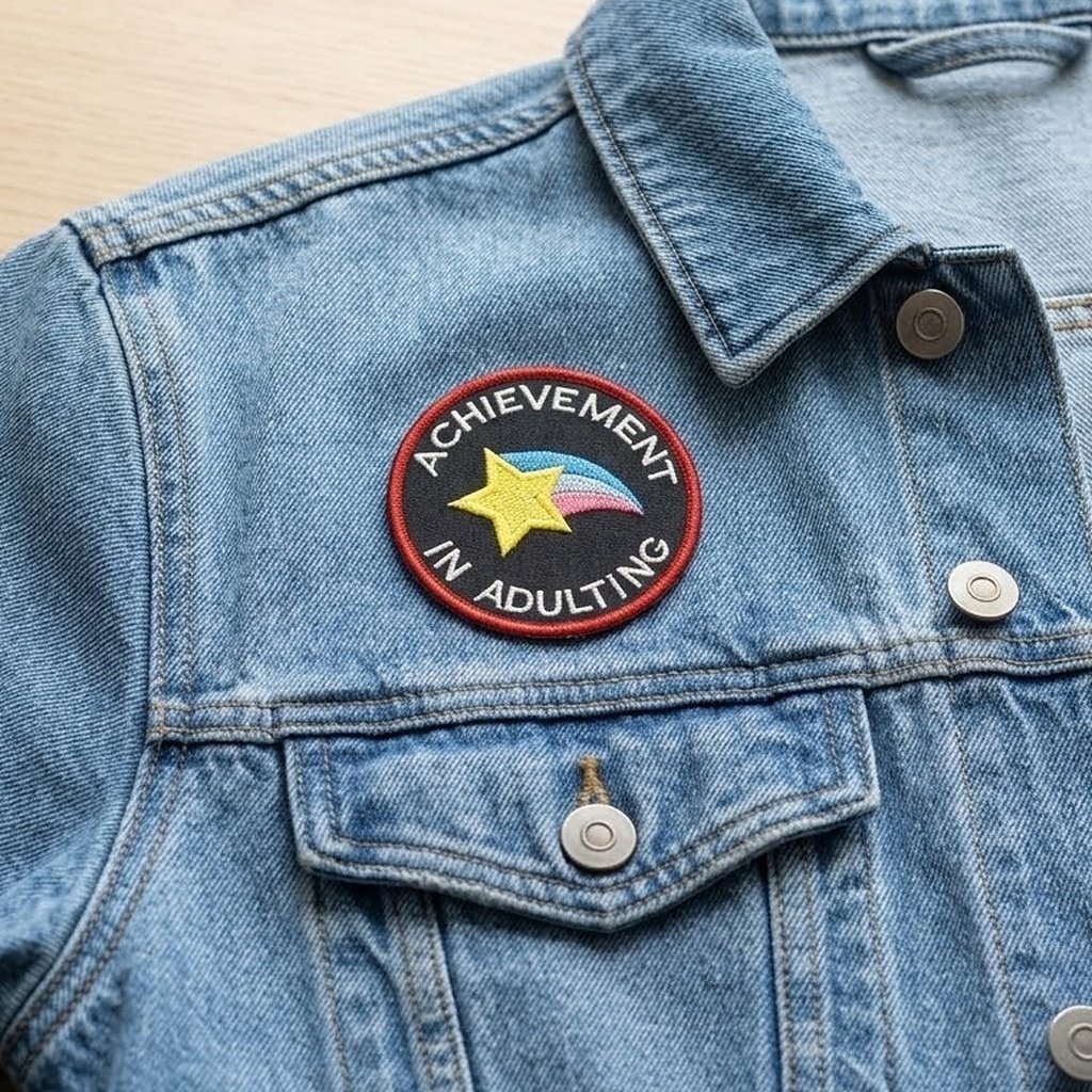 Tessera “Achievement in Adulting” su una giacca di jeans chiara