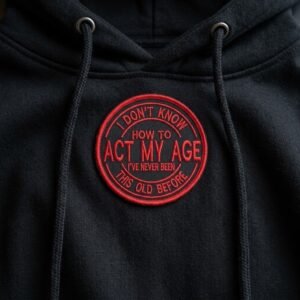 I Don't Know How to Act My Age patch with red text on a black hoodie