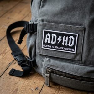 ADHD Highway to Hey Look a Squirrel patch on a grey canvas backpack pocket