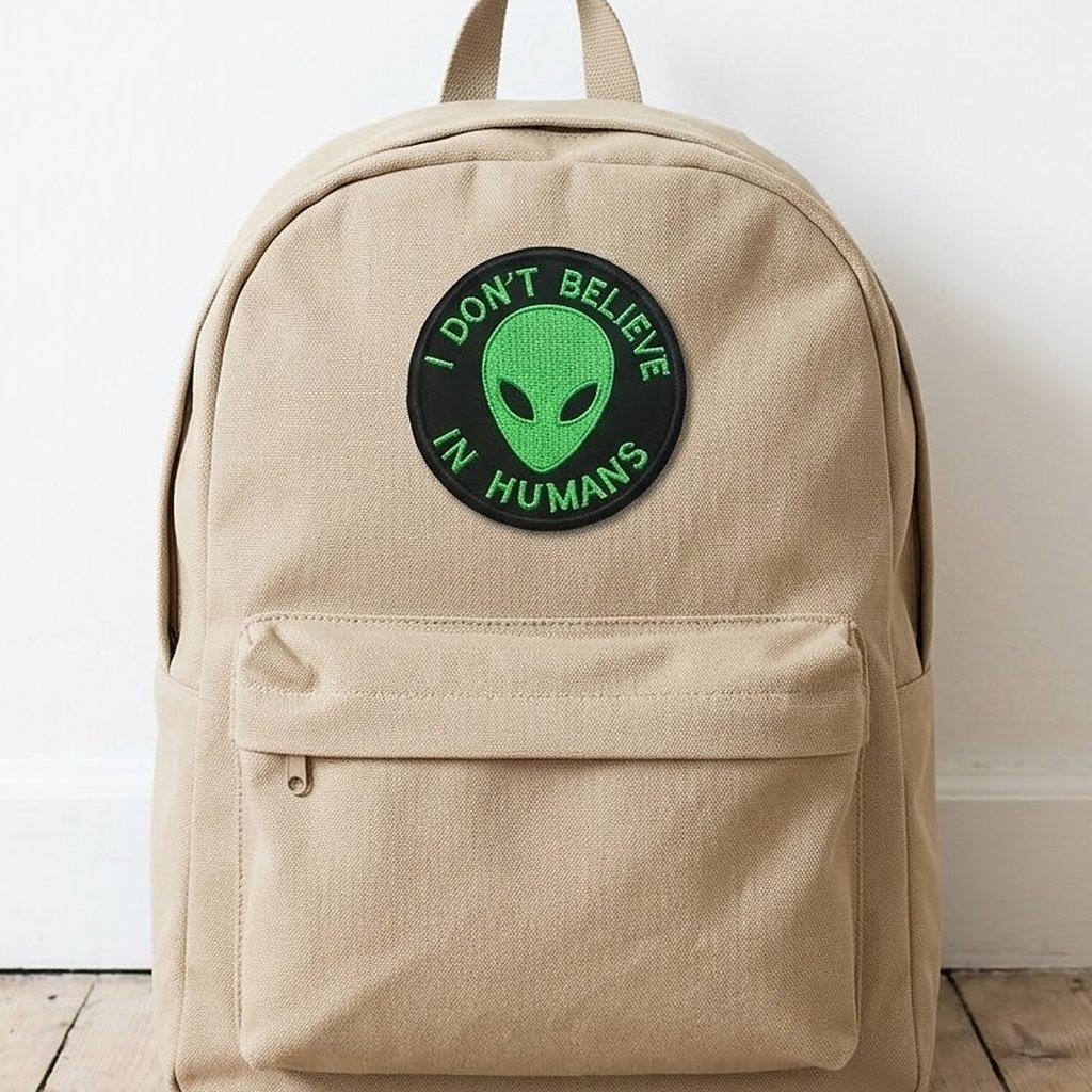 Alien patch on a beige canvas backpack