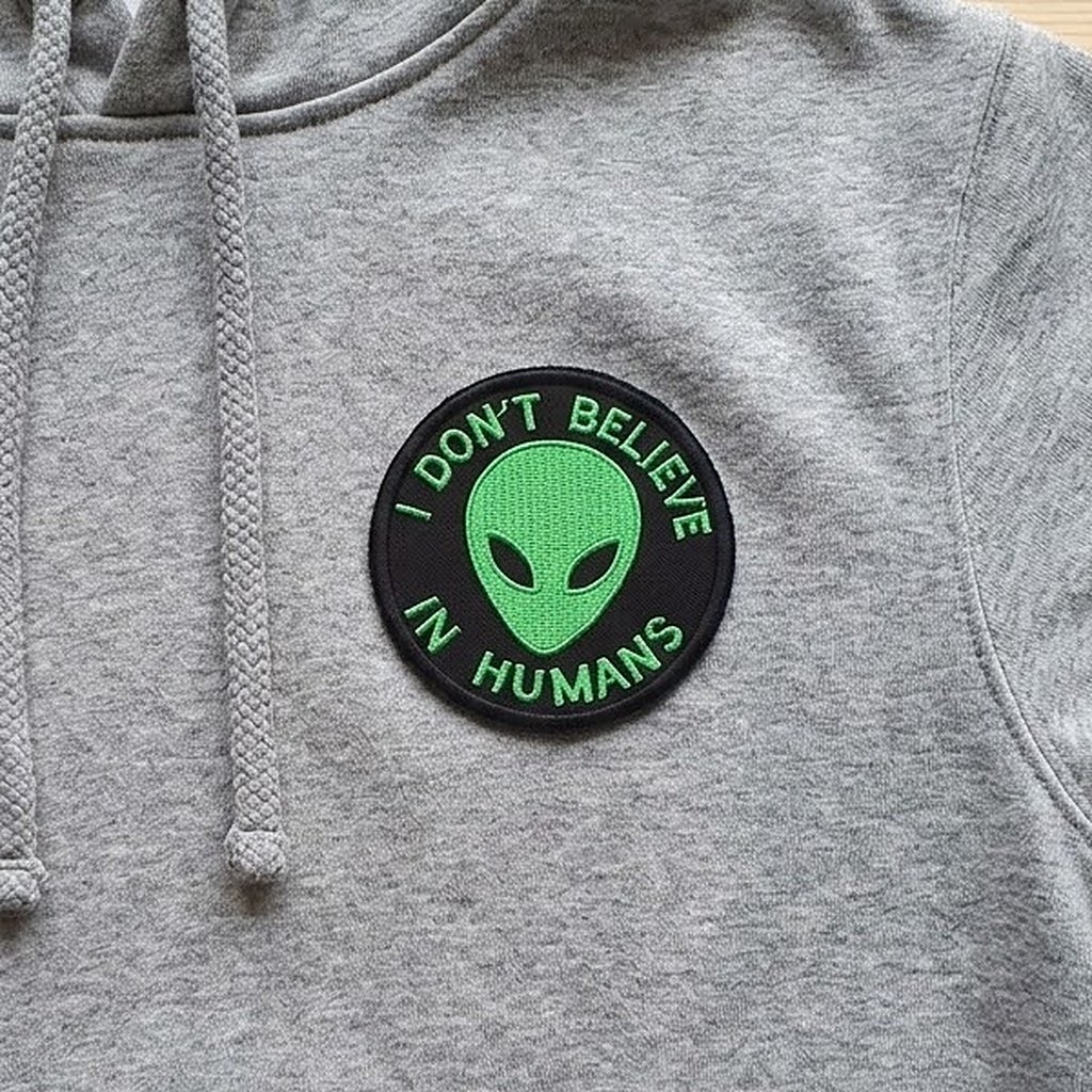 Alien patch on a grey hoodie