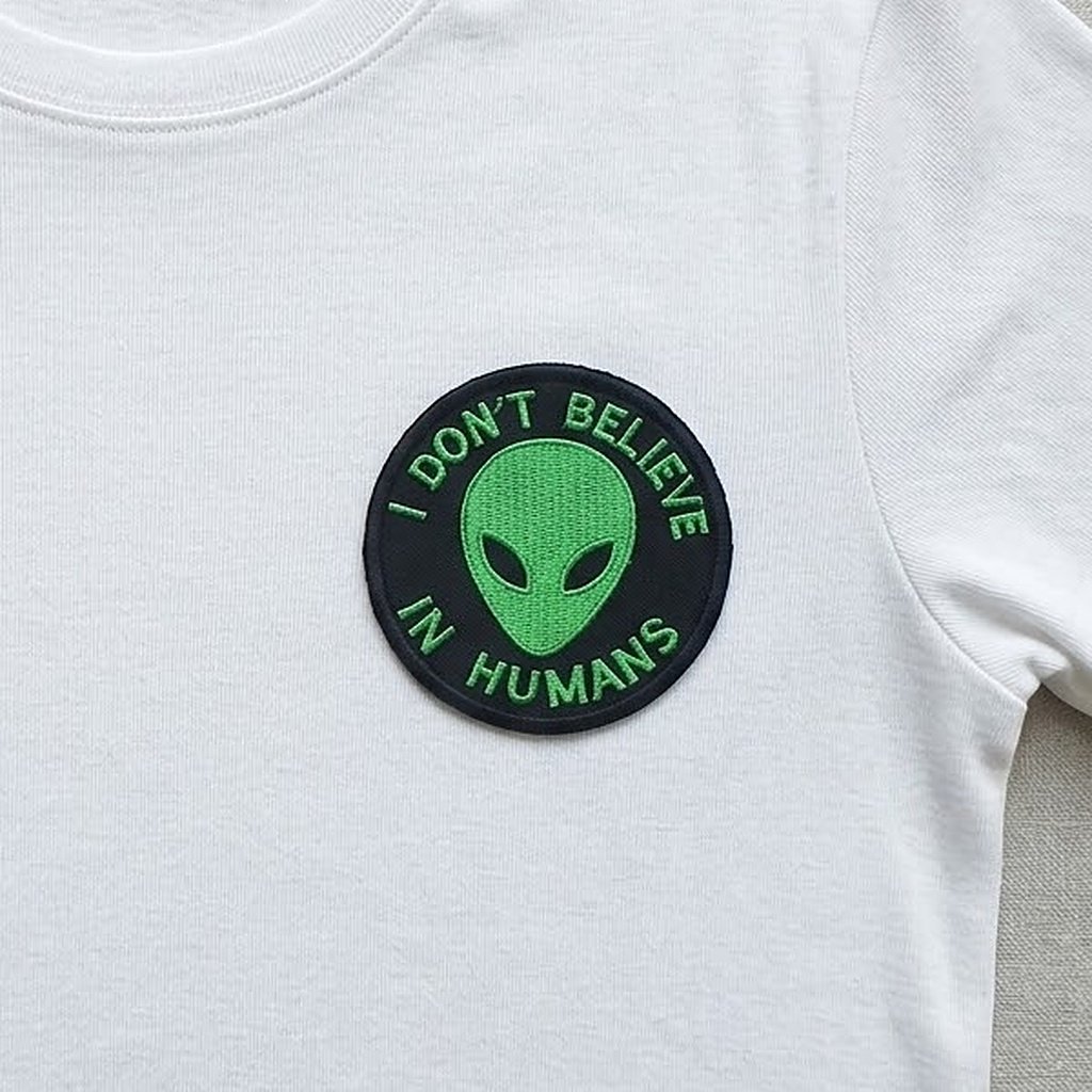 Alien patch on a white t-shirt