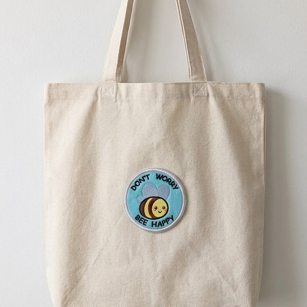 Don't Worry Bee Happy patch on a canvas tote bag