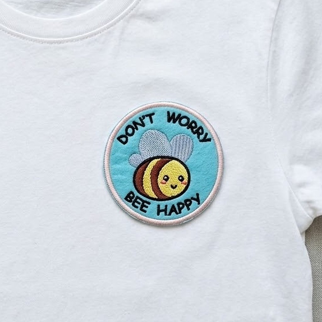 Bee happy patch on a white t-shirt