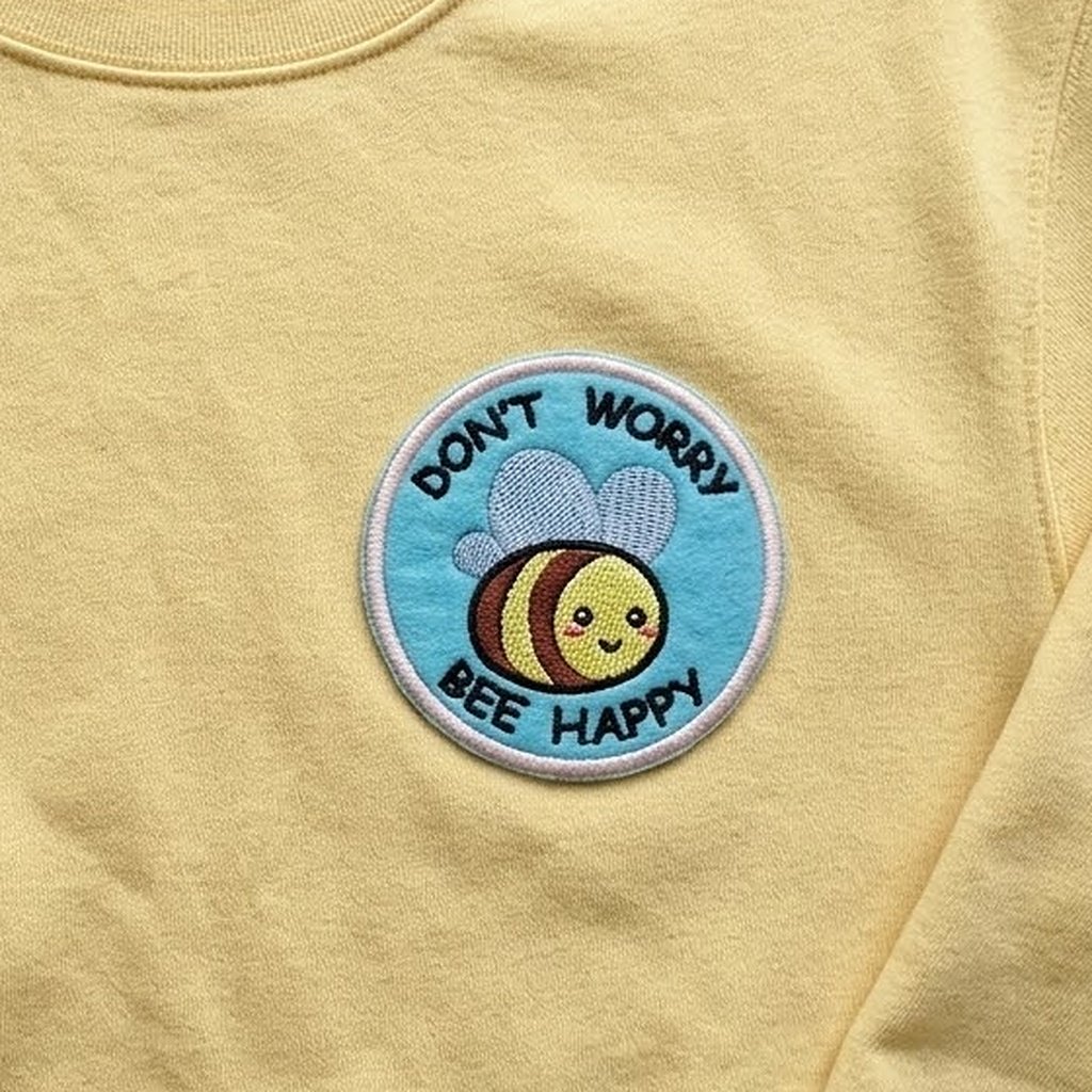 Bee happy patch on a yellow sweatshirt