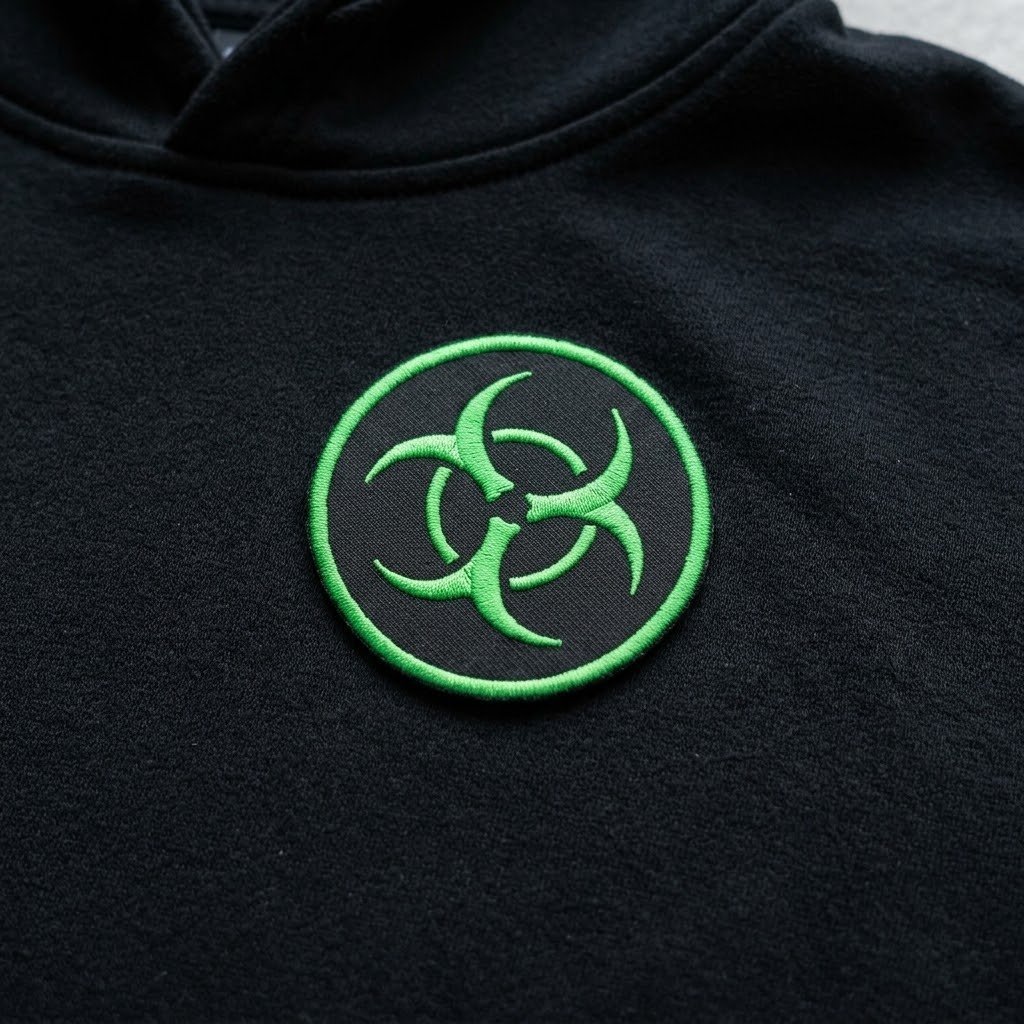 Biohazard patch with a glowing green symbol on a black hoodie