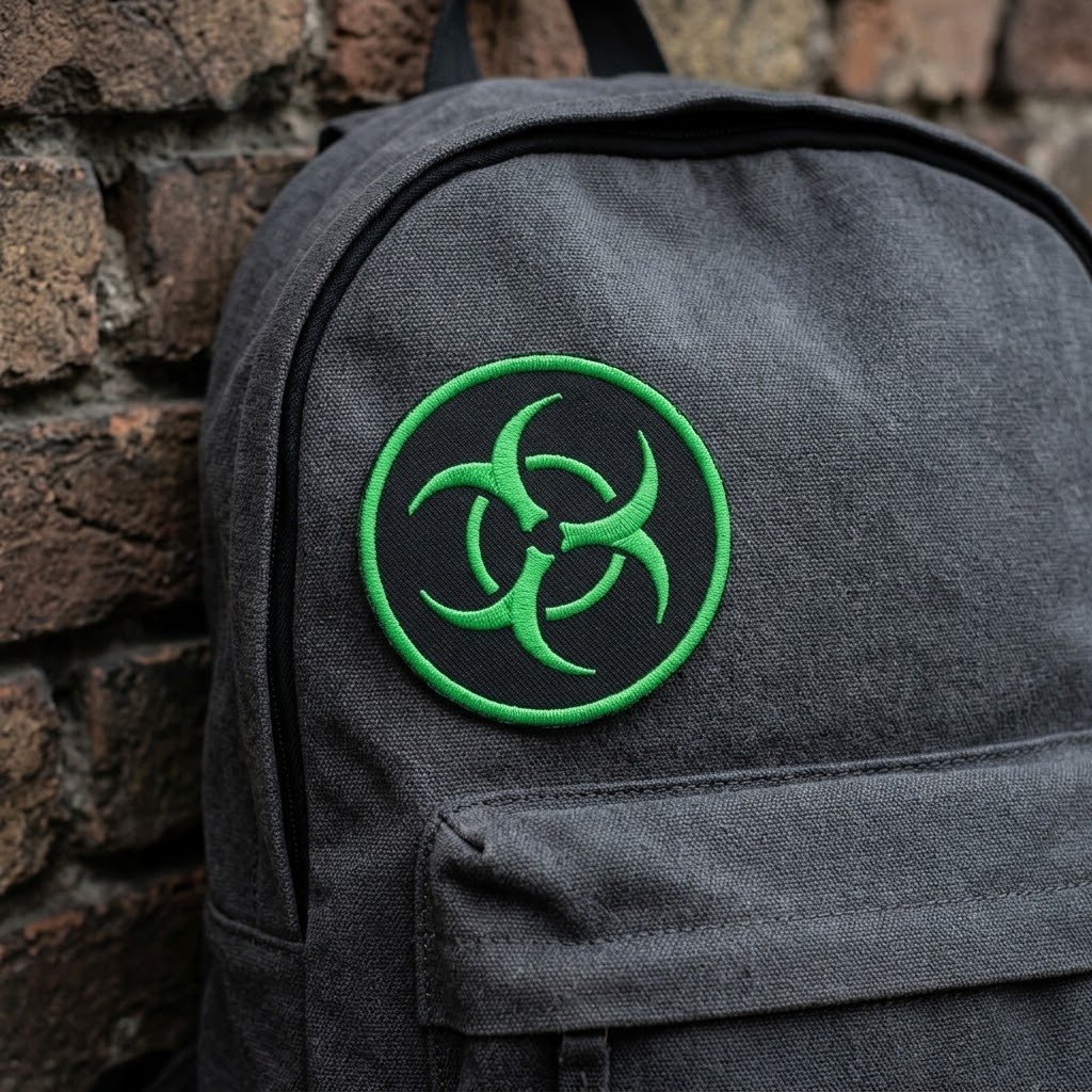 Biohazard patch on a dark grey backpack against a brick wall