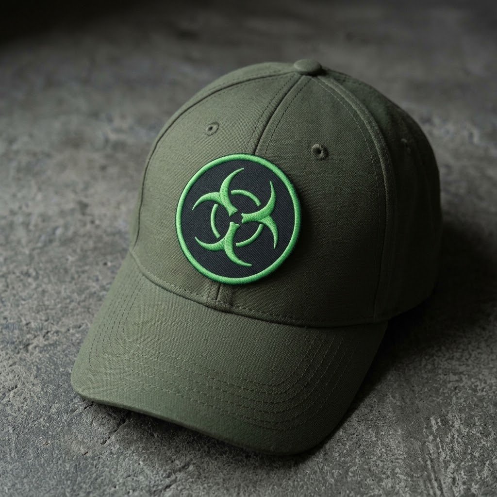 Biohazard patch with a green symbol on an olive green baseball cap