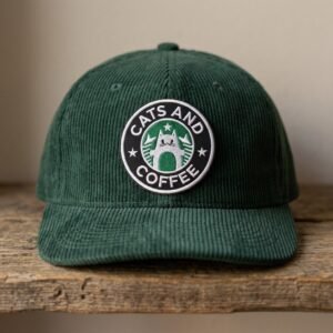 Cats and Coffee patch with a white cat on a green corduroy cap