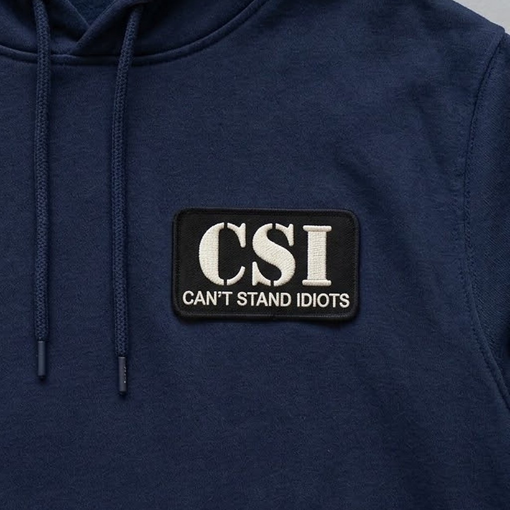 CSI Can't Stand Idiots-patch op de borst van een marineblauwe hoodie