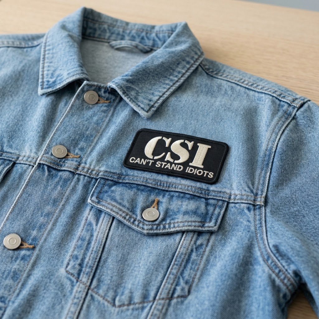 CSI Can't Stand Idiots-patch op de borst van een lichtblauw spijkerjasje