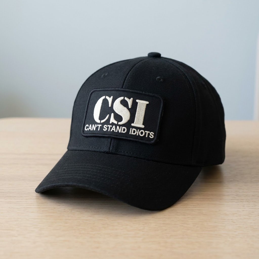 CSI Can't Stand Idiots-patch op de voorkant van een zwarte baseballpet