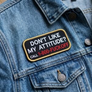 Don't Like My Attitude patch with gold border on a blue denim jacket