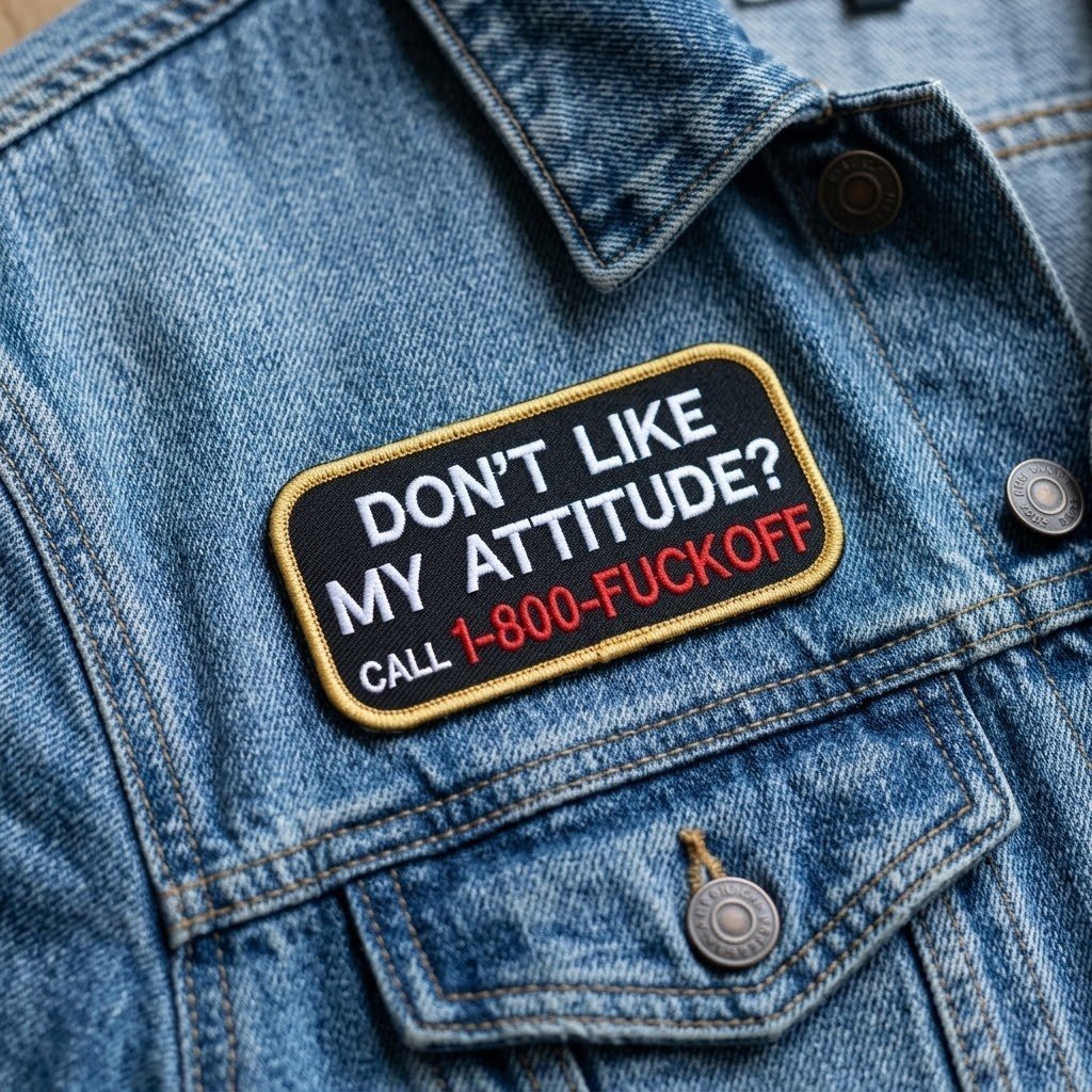 Uzlīme „Don't Like My Attitude” ar zelta apmali uz zilas džinsu jakas