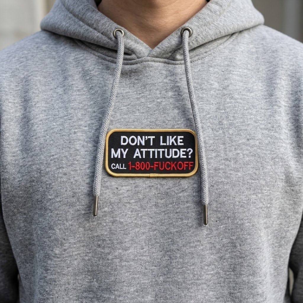 Uzlīme „Don't Like My Attitude“ uz pelēkas kapuces jakas krūtīm