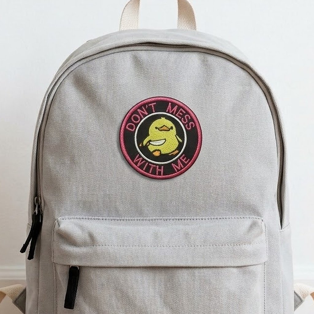 Eend met mes-patch op een lichtgrijze rugzak