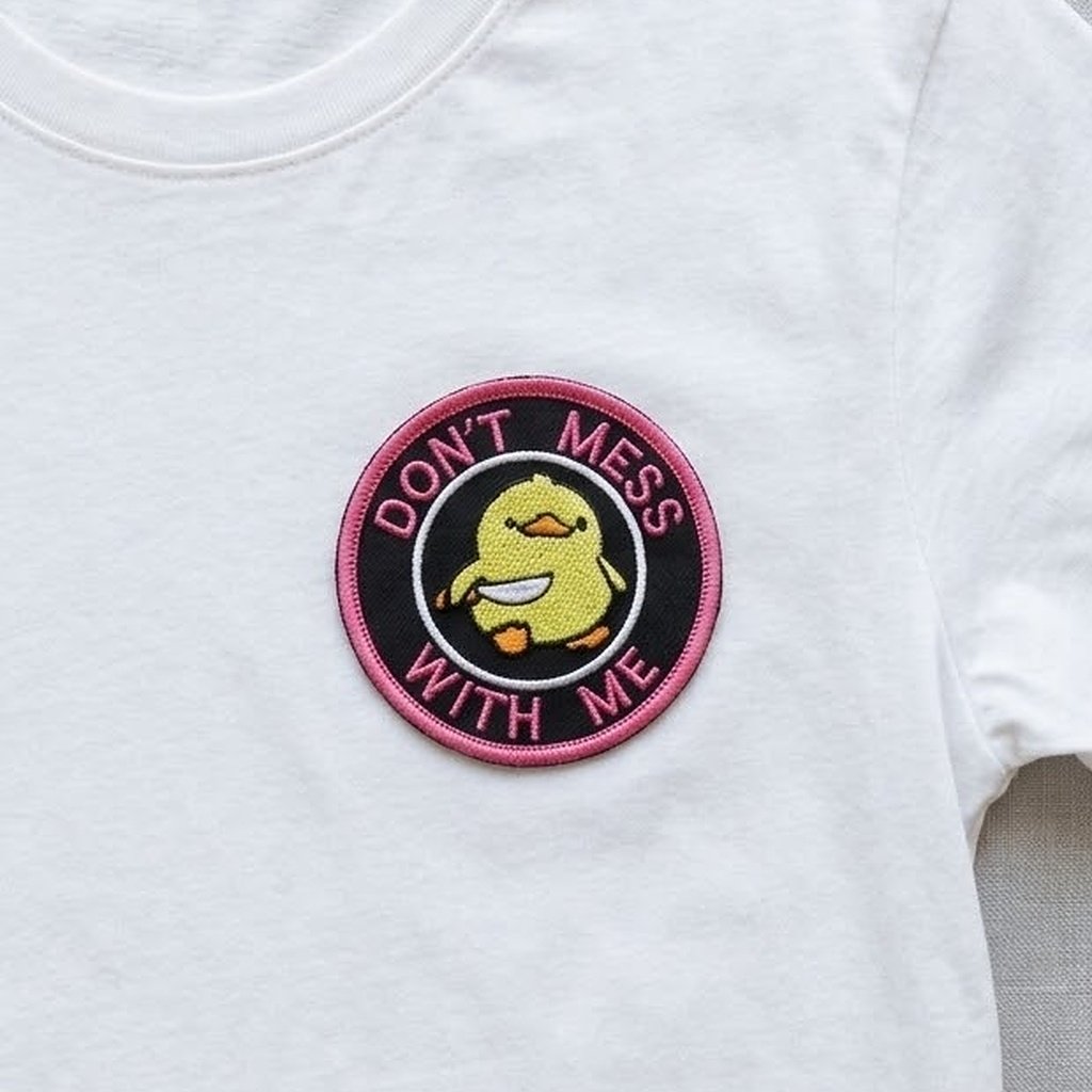 Eend met mes-patch op een wit T-shirt