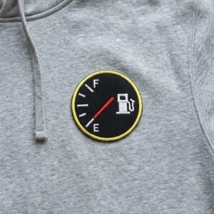 Fuel gauge patch on a grey hoodie