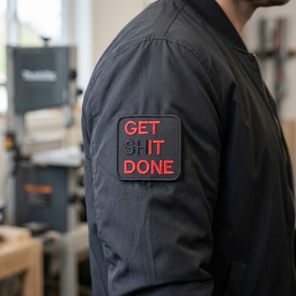Get It Done patch with red letters on a black jacket sleeve in a workshop