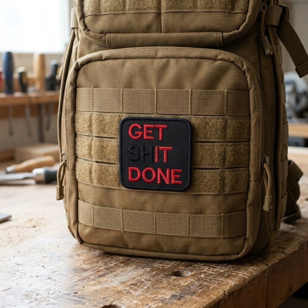 Get It Done patch on a coyote brown tactical backpack