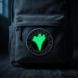 Glow in the dark ghost patch on a charcoal backpack