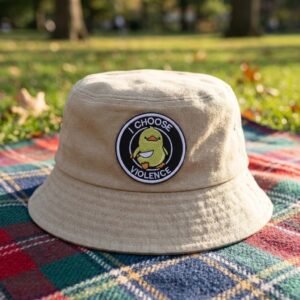 I Choose Violence duck patch on a beige bucket hat on a picnic blanket