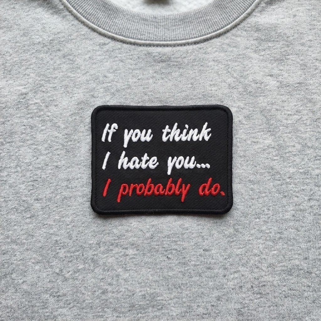 Felpa grigia con la scritta “If You Think I Hate You” in caratteri bianchi e rossi