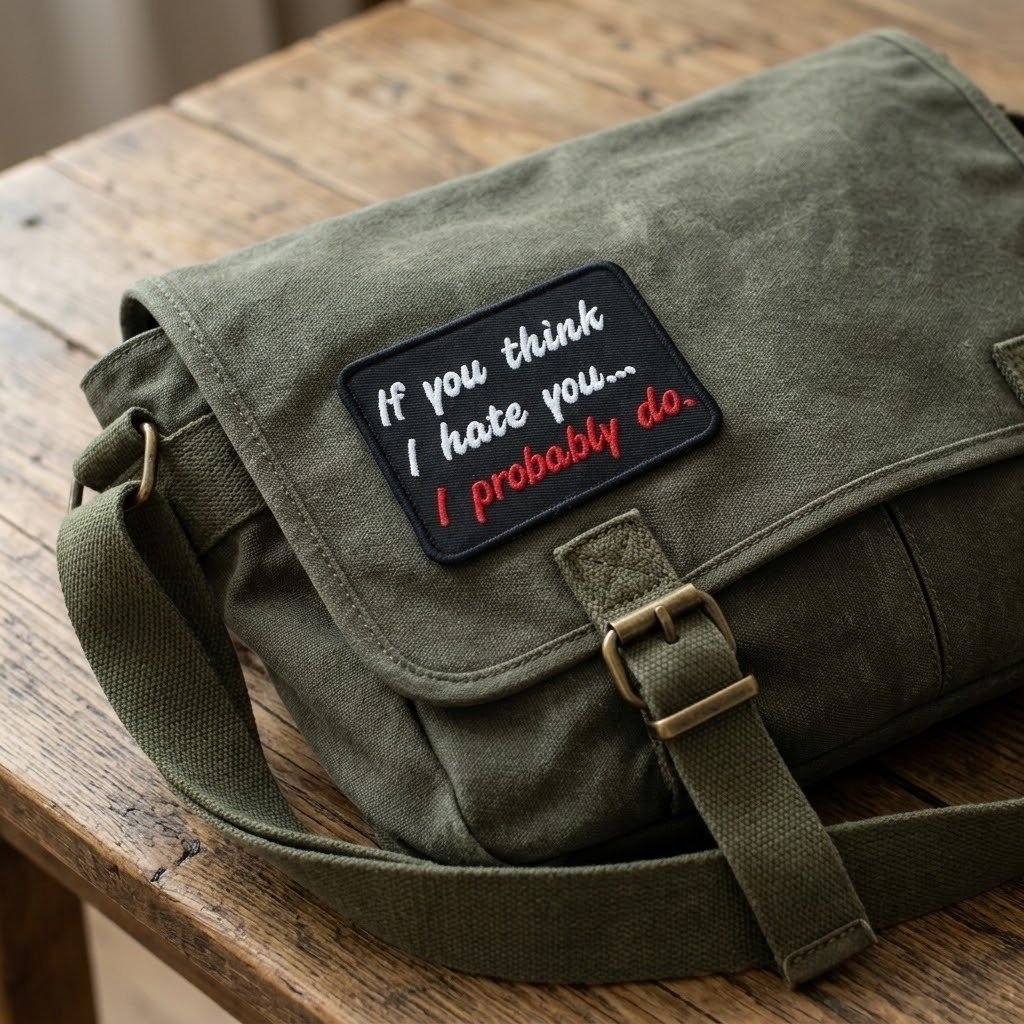 Toppe “If You Think I Hate You” su una borsa a tracolla in tela color oliva