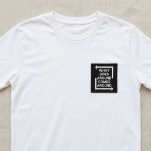 T-shirt bianca con la scritta “What Goes Around Comes Around” (il karma)