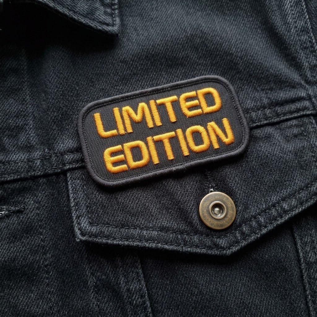 Limited Edition patch with yellow letters on a black denim jacket