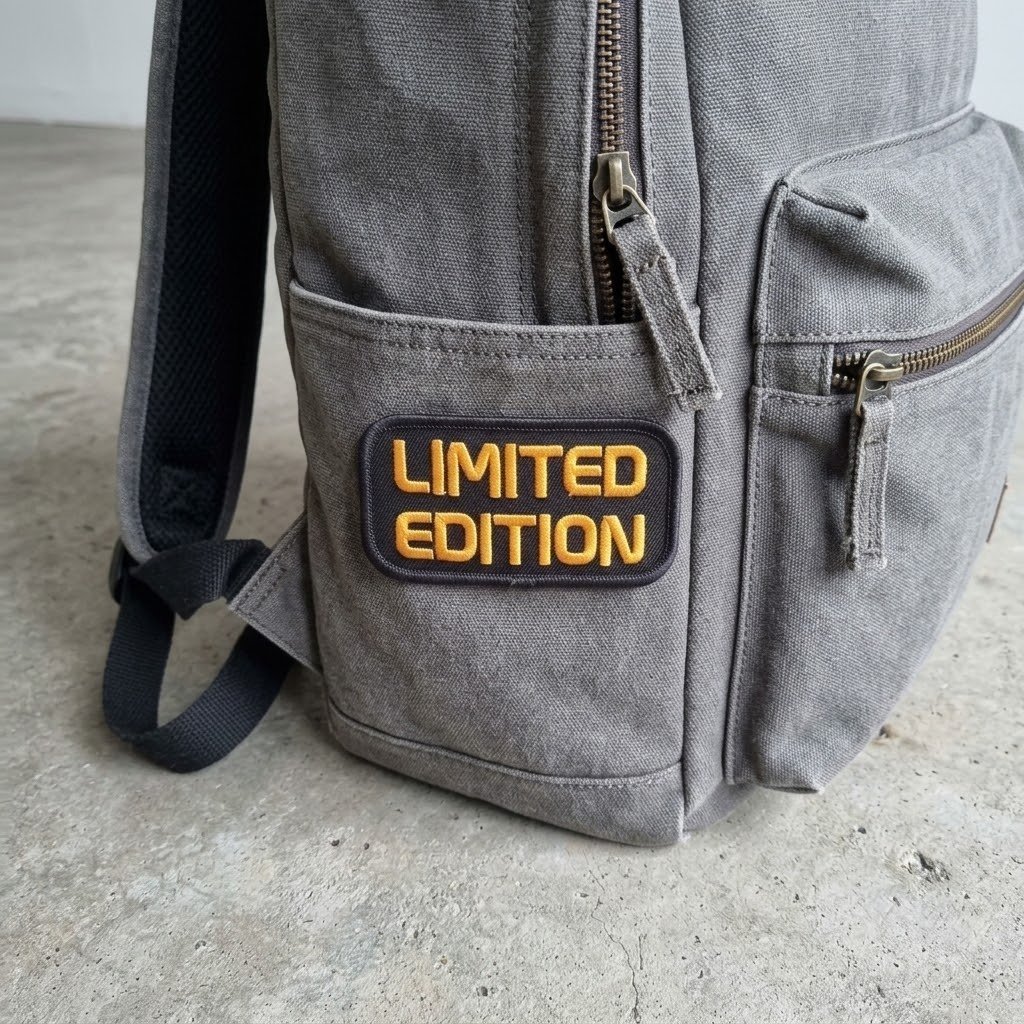 Limited Edition patch on the side pocket of a grey canvas backpack