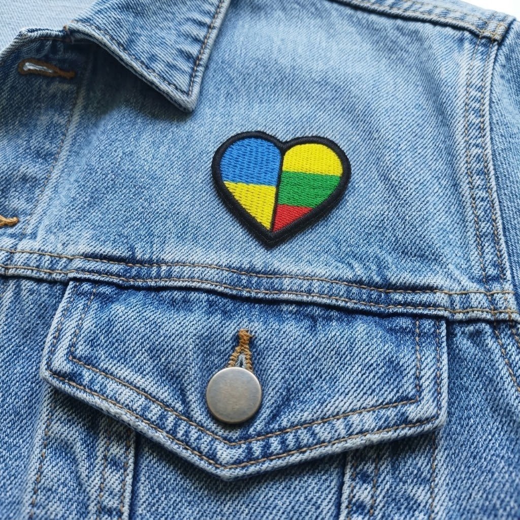 Lithuania Ukraine flag heart patch on a blue denim jacket pocket