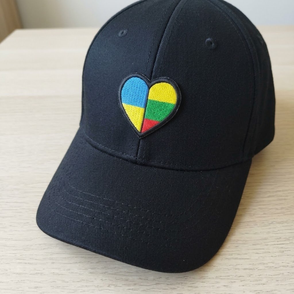 Lithuania Ukraine flag heart patch on the front of a navy blue cap