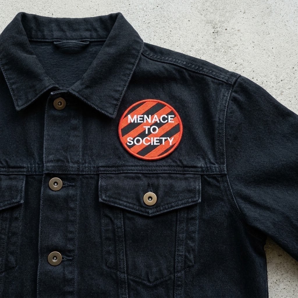 Insignă „Menace To Society” pe o jachetă din denim închis la culoare
