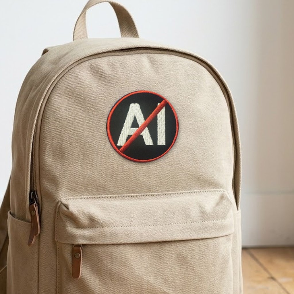 No AI patch on a beige canvas backpack