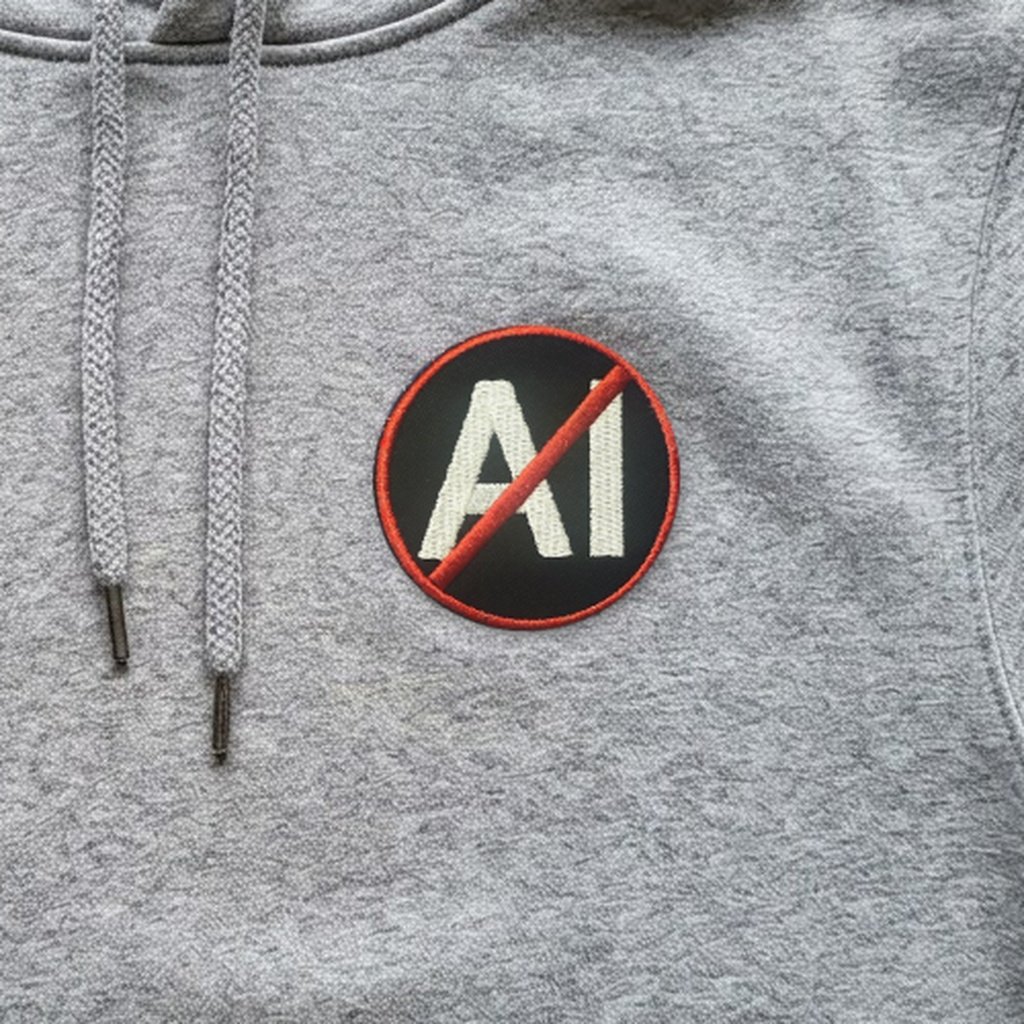 No AI patch on a grey hoodie