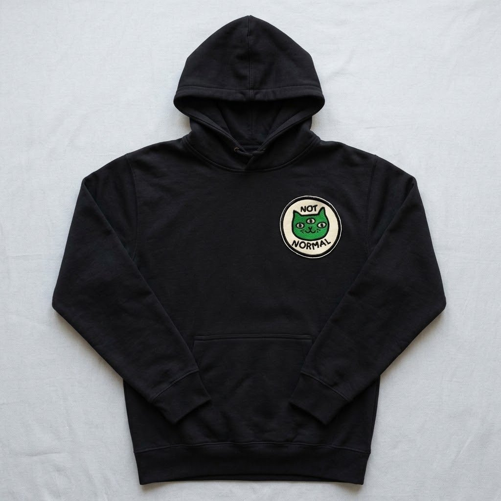 Not normal cat patch on a black hoodie