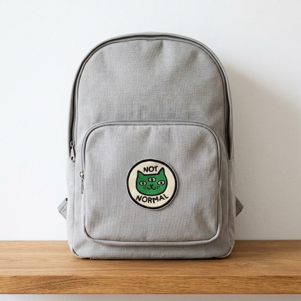 Not normal cat patch on a grey backpack