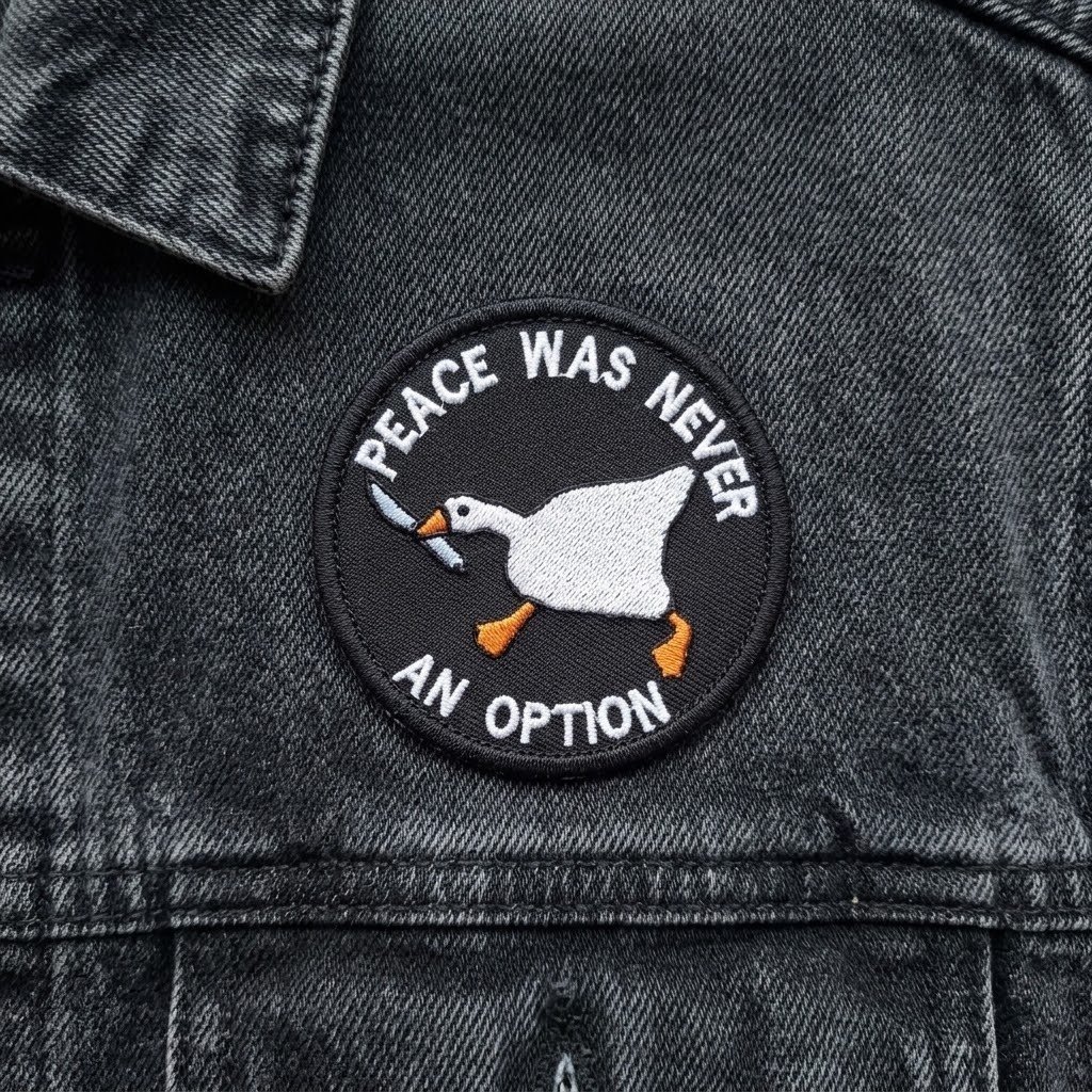 Peace Was Never An Option goose patch on a black denim jacket