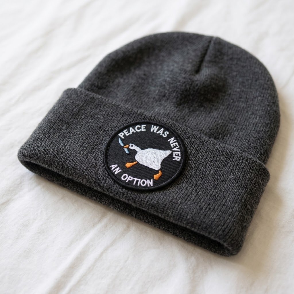 Peace Was Never An Option goose patch on a grey knitted beanie