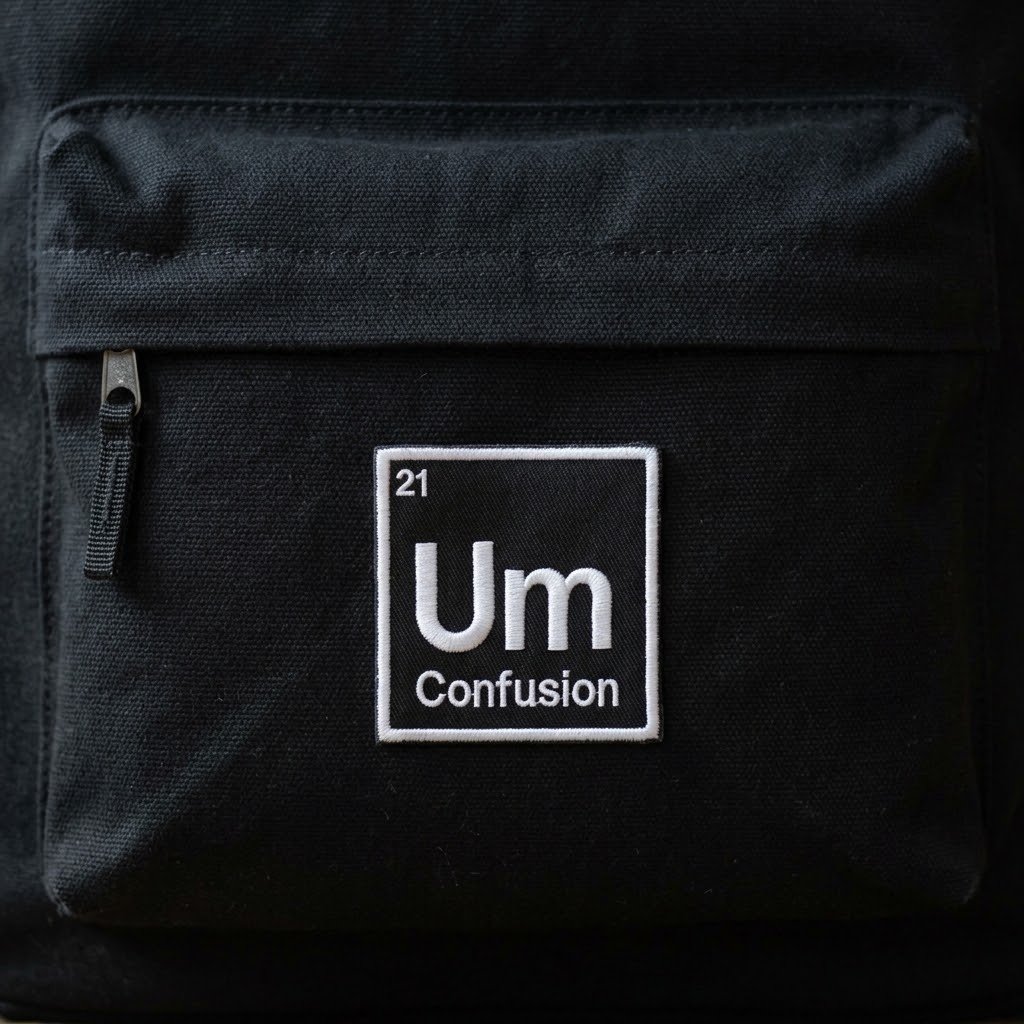 Insignă „Tabelul periodic Um Confusion” pe un rucsac negru