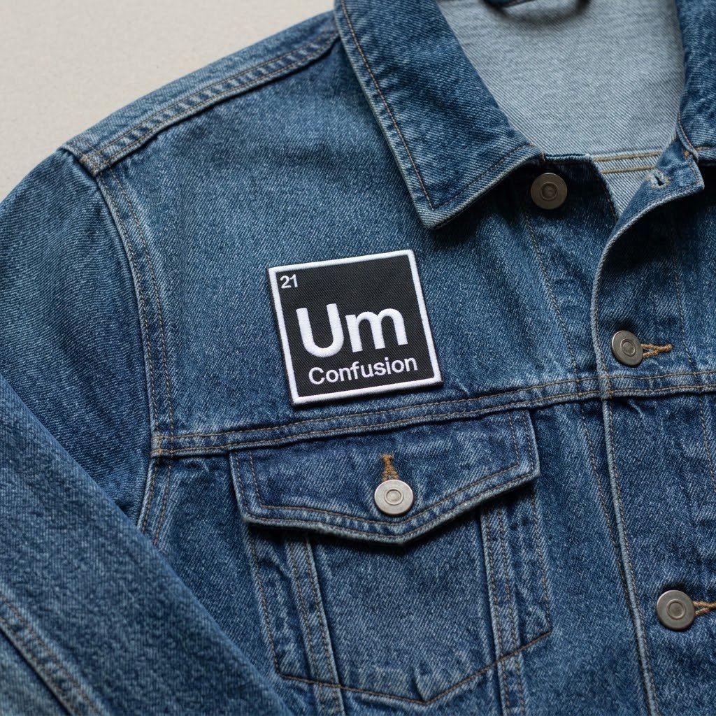 Un patch cu tabelul periodic „Um Confusion” pe o jachetă din denim de culoare închisă