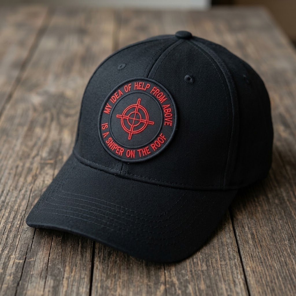 Patch con un cecchino sul tetto, sul davanti di un cappellino da baseball nero