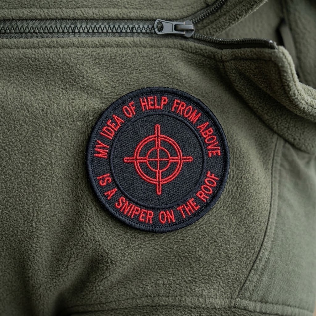 Patch “Cecchino sul tetto” con mirino rosso su una giacca in pile verde oliva