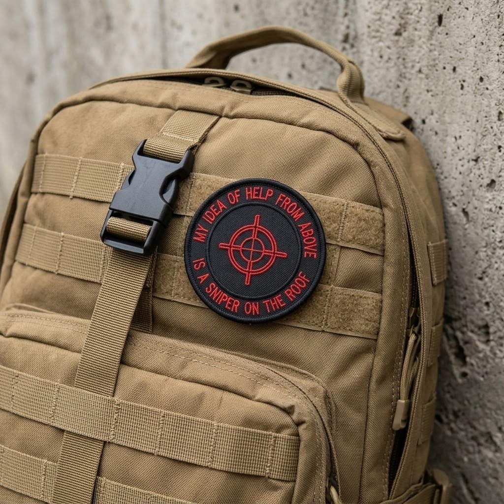 Patch “Cecchino sul tetto” su uno zaino MOLLE color coyote brown