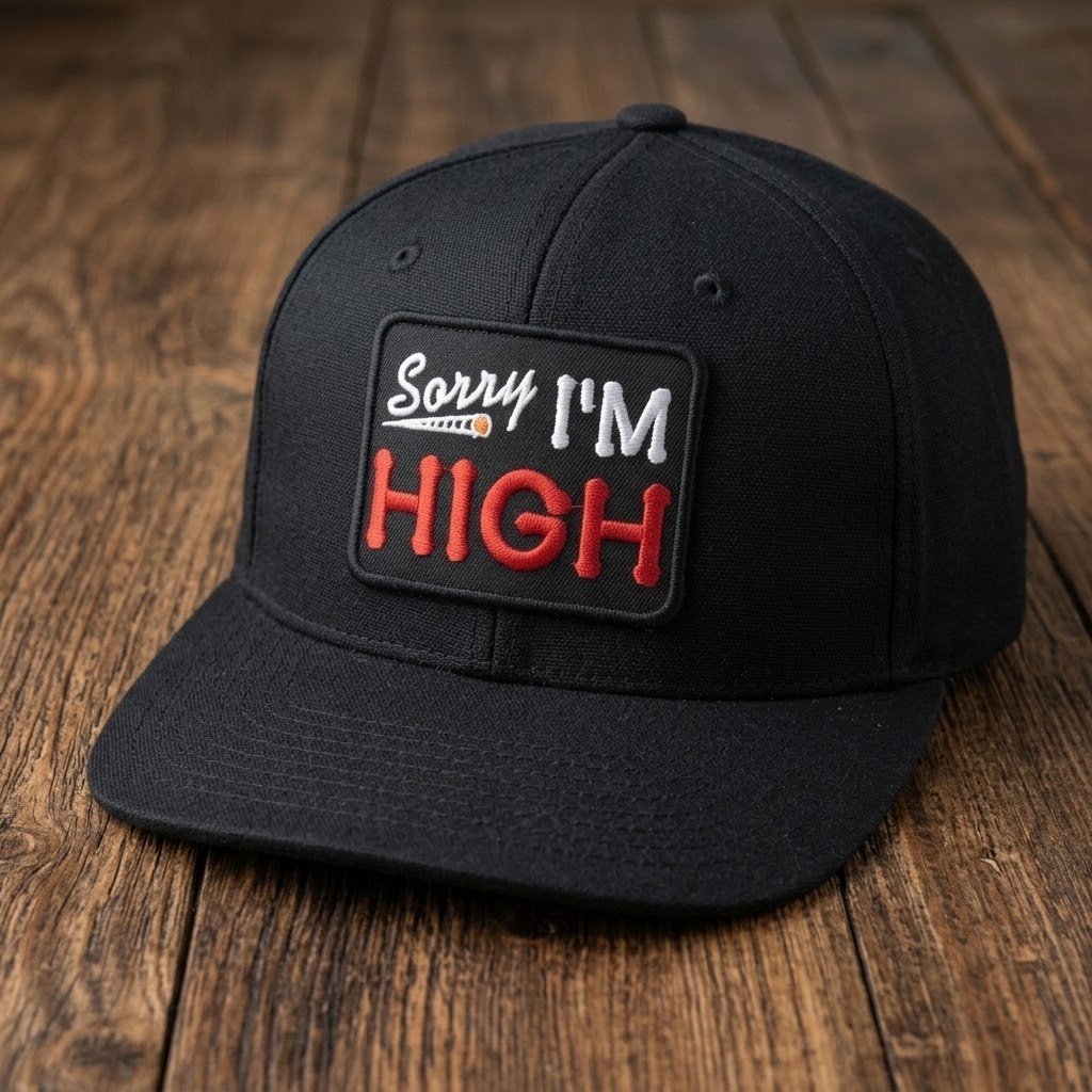 Надпис „Sorry I’m High“ на предната част на черна шапка със закопчалка